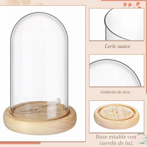Vista 4 de Roowest - Cúpula de plástico Cloche, base de madera y luz LED, 6.5 x 3.7 pulgadas, 12