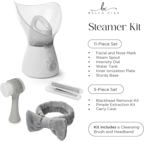 Vista 6 de Bella Ciao Juego de vaporizador facial de 11 piezas, vaporizador facial portátil para limpieza profunda, hidratación y cuidado de los poros, kit