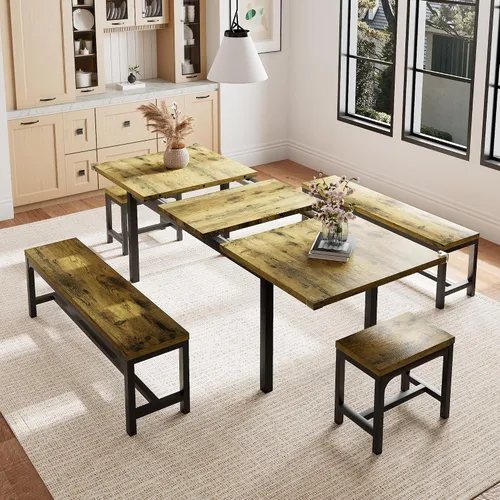Vista 9 de Einhomn Juego de Mesa de Comedor de 5 Piezas para 4-6, Mesa de Cocina Extensible de 63" con 2 Bancos y 2 Taburetes, Estructura de Metal y Tablero