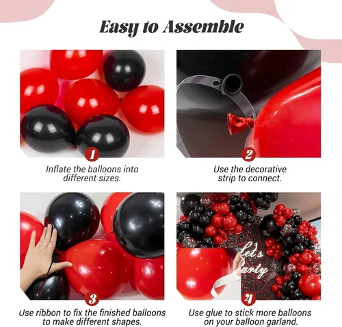 Vista 3 de Kit de guirnalda de arco de globos rojos y negros con globos de confeti negro y rojo para graduación, aniversario, San Valentín, Año Nuevo