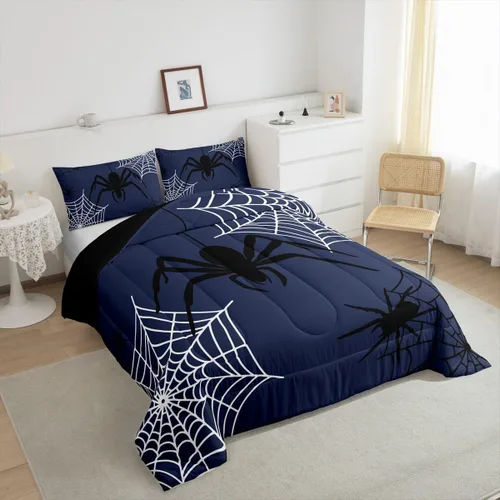 Vista 5 de Castle Fairy Spider Web Comforter Set,Happy Halloween Theme Hippie Bedding Sets for Kids Teens Adults,Black Spider Wild Animal Silhouette Comforter