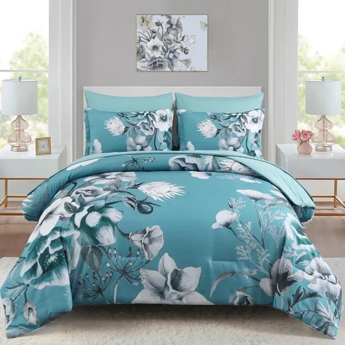 Vista 11 de Luxudecor Juego de edredón floral tamaño individual de 7 piezas, cama de flores aguamarina en una bolsa, elegante edredón floral degradado con juego