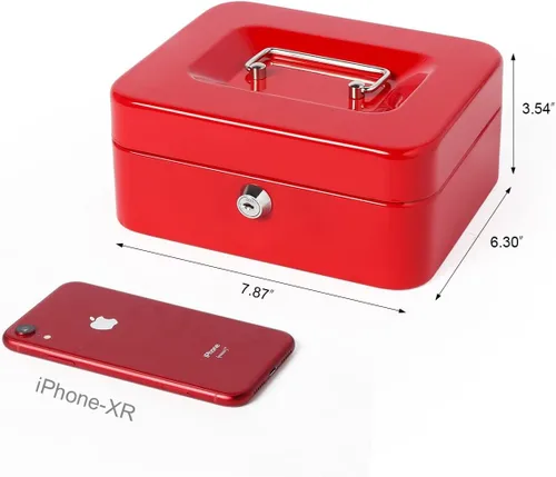 Vista 4 de Caja de dinero pequeña con bandeja de dinero y cerradura, caja de dinero de metal para efectivo, caja de seguridad de 7.87 x 6.3 x 3.54 pulgadas