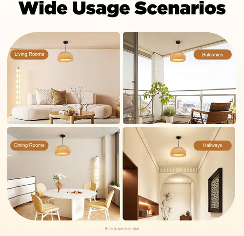 Vista 5 de Lámpara colgante de bambú tejida a mano, lámpara de ratán de una sola luz, tejido de madera natural, accesorio colgante de techo con cable ajustable