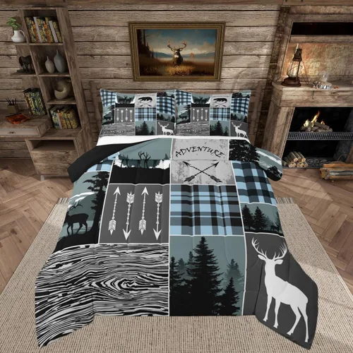 Vista 13 de Juego de edredón de cabaña rústica navideña, juego de ropa de cama estilo rústico con diseño de osos y ciervos, tamaño completo, patchwork Multi 08