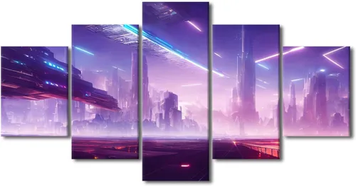 Vista 40 de Póster de 5 paneles en lienzo para decoración de pared, diseño de centro urbano Cyberpunk, impresión moderna, decoración de pared para el hogar