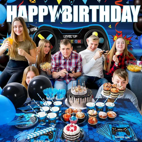 Vista 7 de Tatuo 152 piezas de suministros para fiesta de cumpleaños de videojuegos, cubierta de mesa para fiesta de jugadores, telón de fondo de feliz
