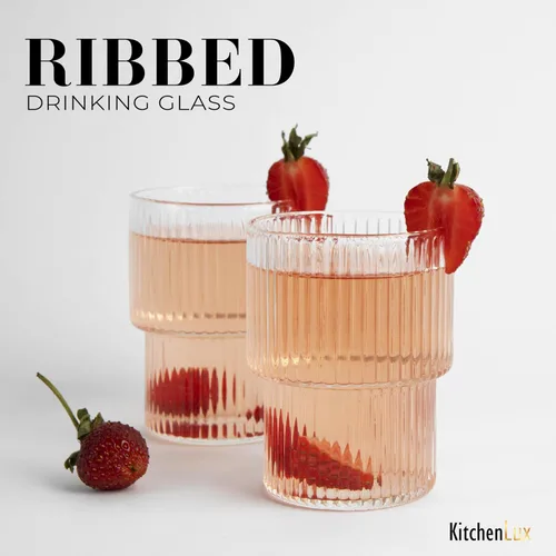 Vista 6 de Kitchen Lux Vasos acanalados de vidrio acanalado de 15 onzas – Juego de 2 vasos acanalados – Juego de 2 vasos estéticos con textura vintage retro