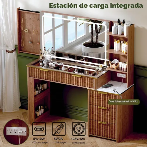 Vista 6 de Escritorio de tocador de 51 pulgadas con toma de corriente, tocador de maquillaje con espejo y luces, 3 modos de iluminación, mesa de tocador
