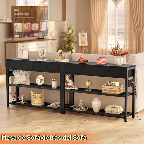 Vista 7 de Ecoprsio Mesa de Entrada con Tomacorrientes y Puertos USB, Mesa Consola con 2 Cajones, Mesa de Sofá Pequeña con Estantes de Almacenamiento para Sala