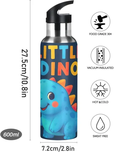 Vista 9 de Insulated Stainless Steel Water Bottle with Straw 20 Oz, BPA-Free Sport Water Bottle for Gym Outdoor Travel School, Cute Dinosaur Blue