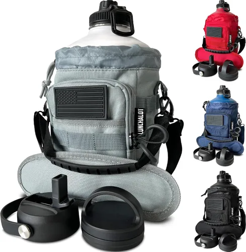 Vista 13 de Botella de agua de 1 galón, botella de agua de metal de acero inoxidable aislada de 128 onzas con soporte, bolsa de transporte, asa de boquilla Negro