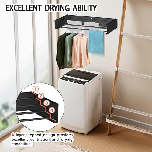 Vista 6 de FOCHIER F Tendedero de Ropa de Pared Tendedero de Secado Plegable con 5 Varillas de Aluminio y Plantilla de Perforación Broca de Destornillador Negro