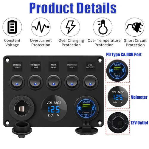 Vista 2 de Panel de interruptor basculante de 5 posiciones con PD Tipo-C, cargador USB, voltímetro digital y salida de 12V para automóvil, barco, camión