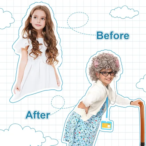 Vista 2 de JaosWish Disfraz de anciana para niños, disfraz de 100 días de escuela para niños, disfraz de abuela cosplay, peluca de abuelita