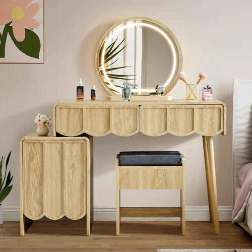 Vista 3 de Escritorio de tocador con espejo y luces, juego de escritorio de tocador moderno de panel de madera ondulada, mesa de maquillaje con cajones