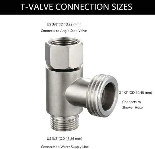 Vista 4 de Adaptador en T para bidé, válvula de tope angular de acero inoxidable de 3/8 pulgadas para línea de suministro de inodoro, níquel cepillado, KTS002NA