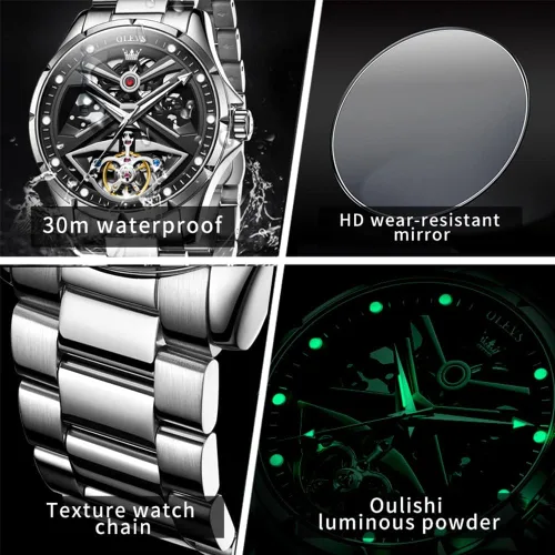 Vista 6 de OLEVS Watches for Men Skeleton Automatic Mechanical Watches Self Winding Waterproof Dress Mens Watches Fashion Business Luminous Male Wrist Watches