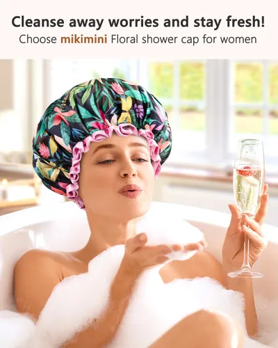 Vista 6 de mikimini Gorro de ducha grande para mujer, de pelo largo, con encaje rosa, reutilizable, impermeable, para niñas
