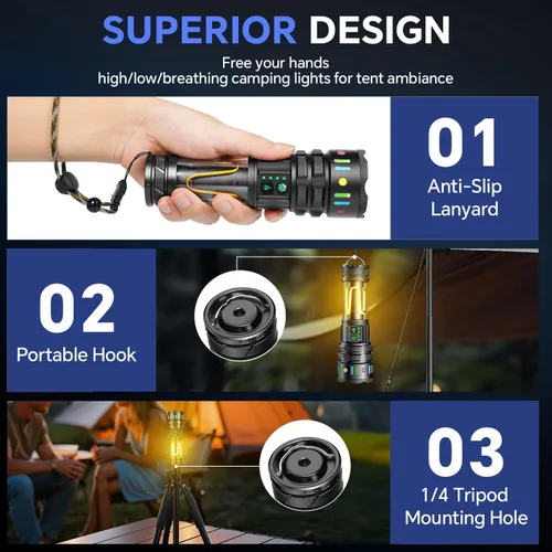 Vista 2 de Linternas recargables de alto lúmenes 10000, luz LED súper brillante de larga duración, linterna de camping con 13 modos, impermeable, ajustable LED