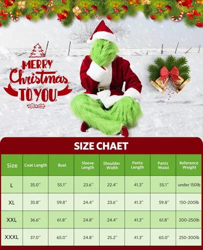 Vista 6 de VeMee Green Big Monster Costume 9 PCS Christmas Deluxe Furry Adult Santa Suit Green Claus Holiday Outfit Set