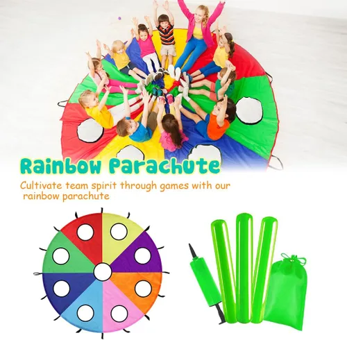 Vista 4 de Paracaídas arcoíris para niños, juguete de paracaídas con asas, juego de paracaídas para niños, cooperación en grupo y actividades al aire libre