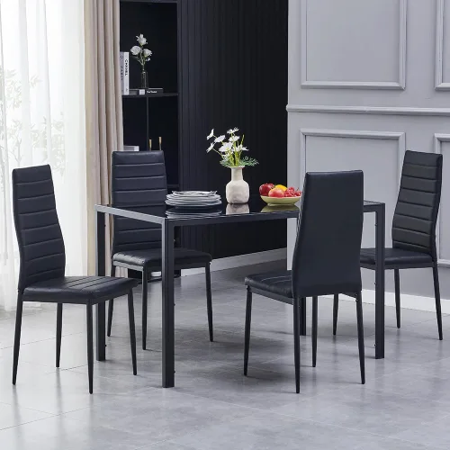 Vista 6 de Mesa de comedor rectangular negra de vidrio de 47.2 pulgadas, mesa de cocina moderna con mesa de vidrio templado y marco de acero de metal