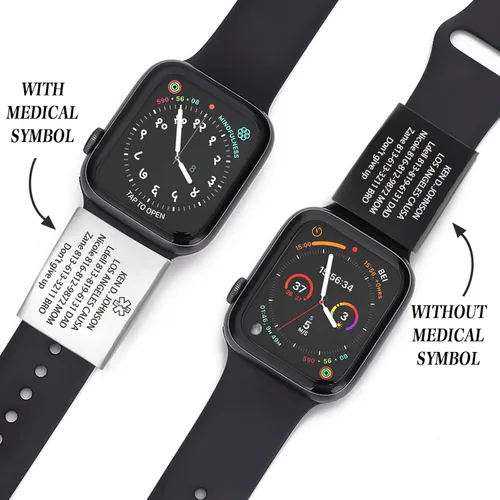 Vista 2 de Etiqueta de alerta médica para Apple Watch, etiqueta de identificación médica personalizada (M: se ajusta a la correa de 0.709-0.866 in) plata/negro
