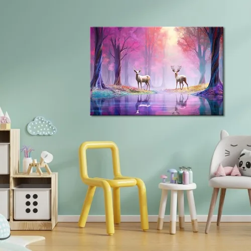 Vista 5 de GLOKAKA Decoración contemporánea para el hogar, arte de pared, paisaje, estampado de animales, ciervos en los bosques coloridos, decoración estética