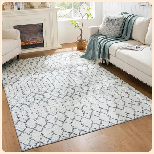 Vista 175 de Istana Alfombra larga antideslizante de 2.5 x 8 para el hogar, para pasillo y cocina, lavable, sedosa y suave al tacto, elegante, color azul y marfil