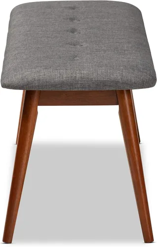 Vista 4 de Baxton Studio Flora II Mid-Century - Banco de comedor de madera con acabado de roble medio, tapizado de tela gris oscuro