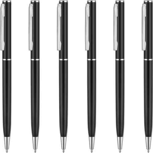 Vista 8 de Unibene Paquete de 6 bolígrafos negros y plateados, tinta negra de punta media de 0.039 pulgadas con 6 recambios de acero inoxidable para negocios