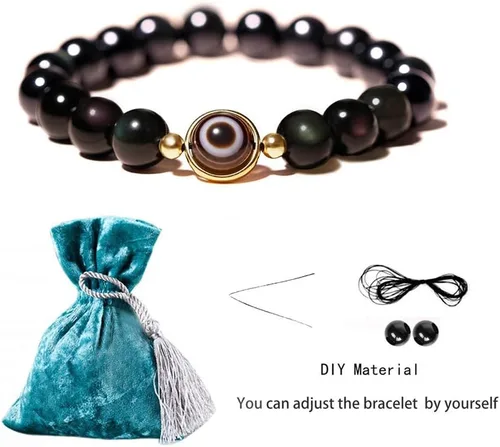 Vista 6 de L&C Feng Shui - Pulsera de riqueza de obsidiana negra 0.315in 0.394in para mujeres y hombres, pulsera de cuentas elástica de cristal de obsidiana
