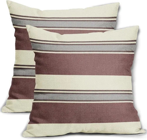 Vista 15 de Juego de 2 fundas de almohada a rayas negras y marrones de 16 x 16 pulgadas, diseño de rayas bohemias con estampado de rayas color crema, fundas