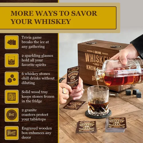 Vista 3 de Juego en caja de regalos de whisky para hombres, incluye populares trivias de whisky, 2 vasos de bourbon, 6 piedras, 2 posavasos de pizarra, 1