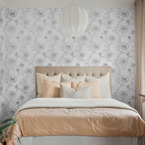 Vista 4 de Tempaper Papel tapiz floral extraíble con despegar y pegar de peonías metálicas en blanco y negro, 20.5 pulgadas x 16.5 pies, fabricado