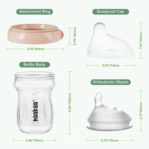 Vista 8 de haakaa Gen.3 Biberón de vidrio natural de 4.2 onzas fluidas – Cuello ancho, pezón anticólicos de flujo lento, fácil de limpiar, 0 M+ bebés