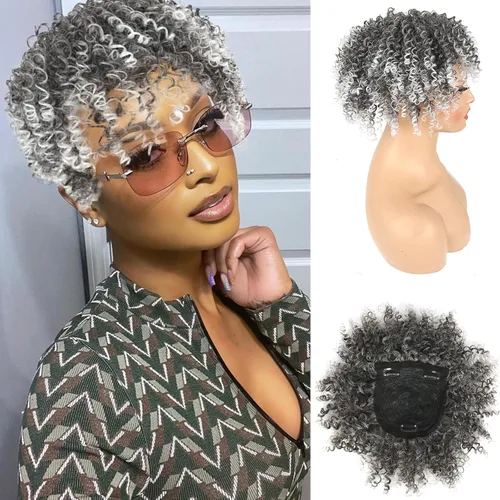 Vista 6 de Matthia Pelucas de cabello rizado marrón con flequillo para cabello fino, sintético corto afro rizado rizado con clip para mujeres negras (1B/27#)