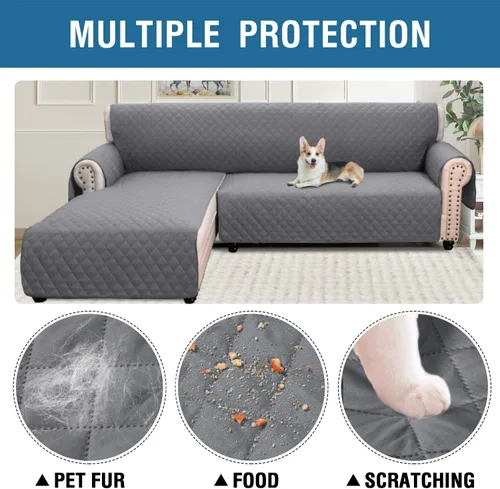 Vista 3 de Funda protectora acolchada reversible para muebles en forma de L, funda impermeable para sofá modular de 3 plazas, con correas elásticas para perros