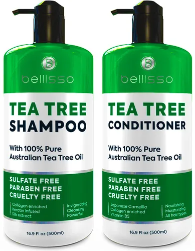 Vista 2 de BELLISSO Champú de aceite de árbol de té, juego de acondicionador y suero, sin sulfatos, hidratante, calmante para la picazón del cuero cabelludo