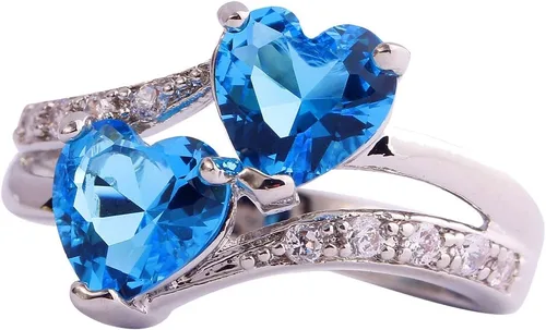 Vista 9 de Anillo de promesa de boda con topacio azul y blanco, chapado en plata de ley 925, con doble corazón