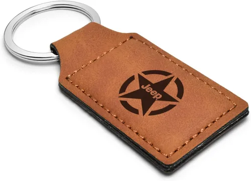 Vista 2 de iPick Image Llavero rectangular de cuero marrón con logotipo de estrella de Jeep Willys con licencia oficial, Marrón