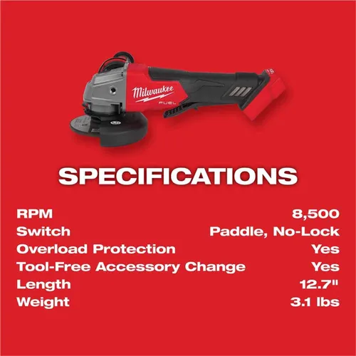 Vista 6 de Milwaukee 2880-20 M18 Fuel Brushless Litio-Ion 4-1/2 pulgadas / 5 pulgadas. Amoladora angular pequeña inalámbrica con interruptor de paleta sin