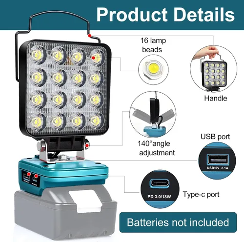 Vista 2 de Luz de Trabajo LED Inalámbrica Compatible con Batería Makita de 18V, Linterna de 48W 3400LM Luz de Inundación Portátil con Puertos USB y Tipo C