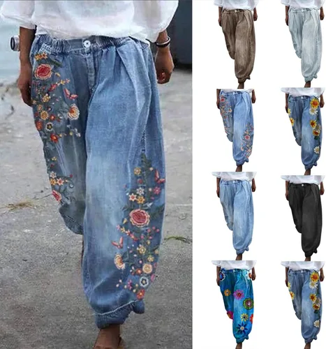 Vista 3 de GOKKILRW Pantalones de harén para mujer, estilo bohemio, casual, holgados, cintura alta, pierna ancha, holgados, estampado floral, hawaiano, hippie