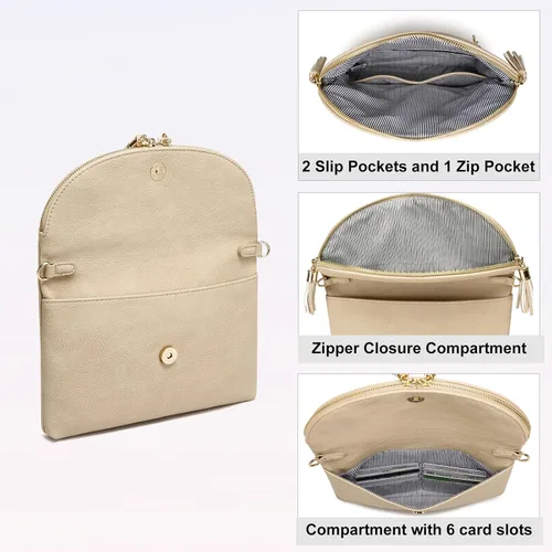 Vista 6 de Solene Bolso de mano para mujer, con múltiples compartimentos, 6 ranuras para tarjetas en el interior, bolsa cruzada con borlas