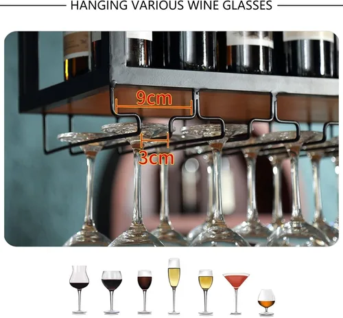 Vista 4 de Estante de techo para copas de vino, estante colgante para vino con soporte para vidrio y estante, soporte para botellas de vino colgante industrial