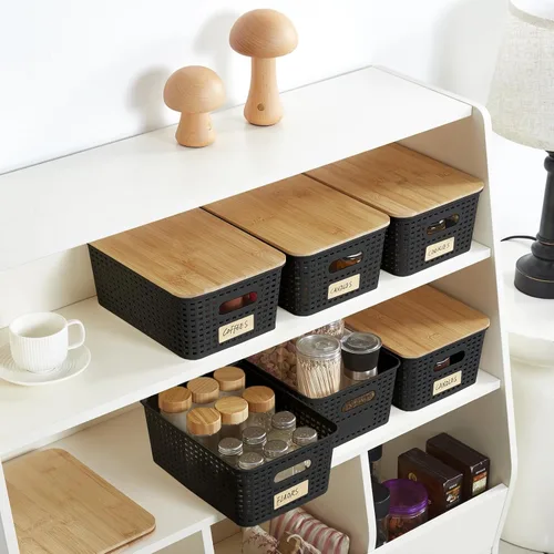 Vista 4 de Bagnizer Contenedores pequeños de plástico con tapas de bambú de 5.2 cuartos de galón, cesta apilable para despensa, contenedores decorativos lindos