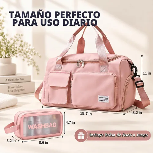 Vista 4 de Bolsa de Gimnasio Pequeña para Mujer, Bolsa de Lona de Viaje, Bolsa de Fin de Semana con Compartimento para Zapatos rosado