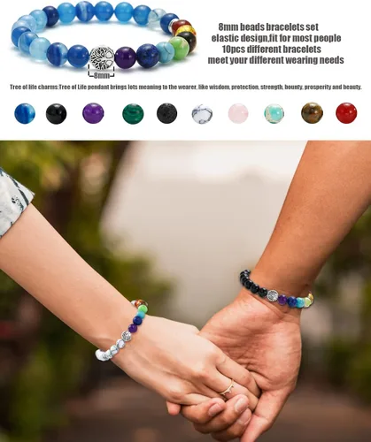 Vista 2 de BOMAIL 10 pulseras de cristales curativos del árbol de la vida, 7 chakras, piedras semipreciosas, pulseras de cuentas para yoga, alivio del estrés